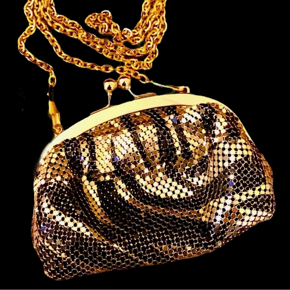 URBAN EXPRESSIONS animal print metallic mesh evening bag black gold vegan NWT - Picture 3 of 9